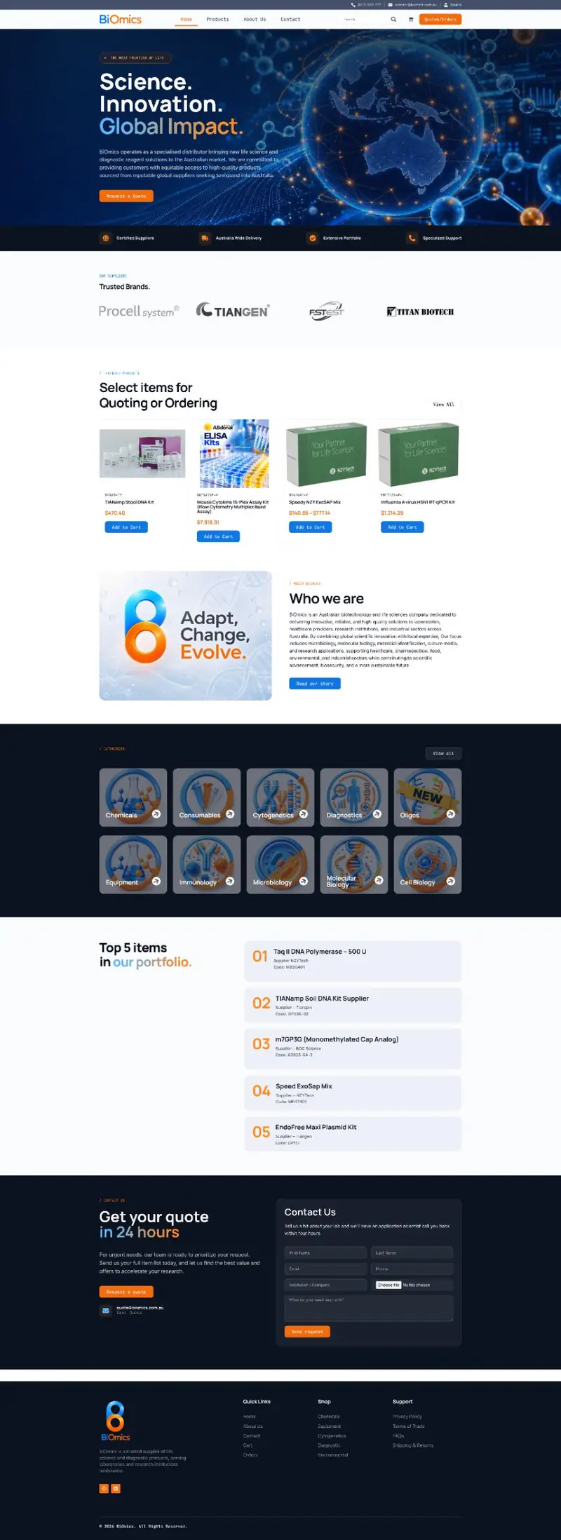 Full-page screenshot of the Biomics WooCommerce website