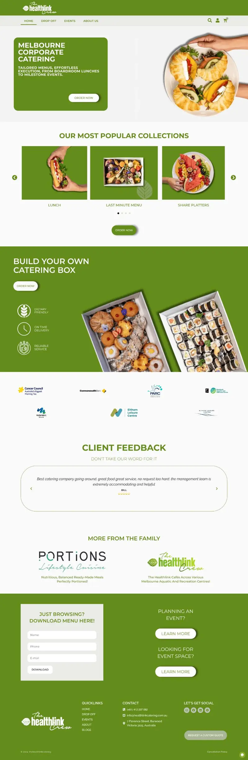 Full-page screenshot of the Healthlink Catering WordPress website