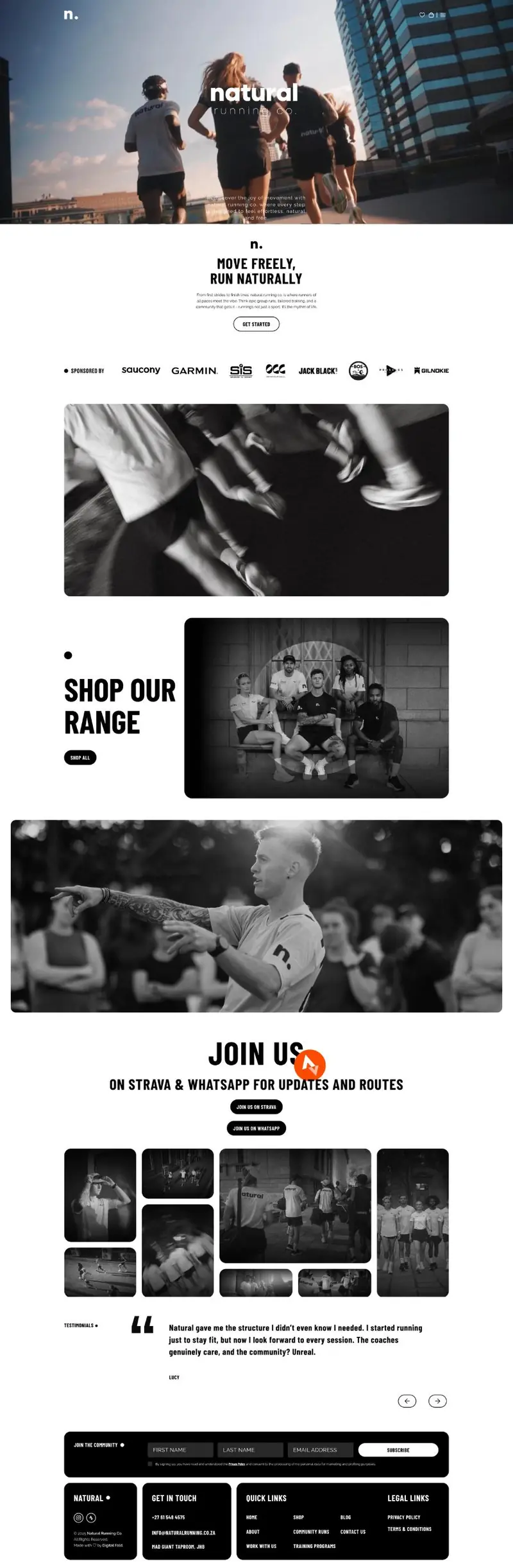Full-page screenshot of the Natural Running Shopify website