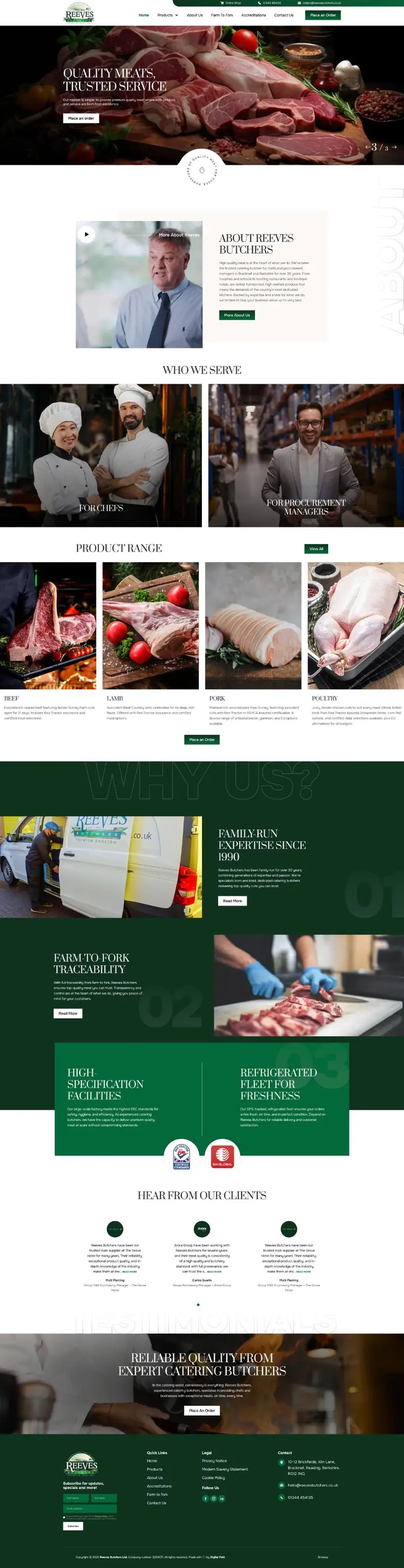 Full-page screenshot of the Reeves Butchers WordPress website